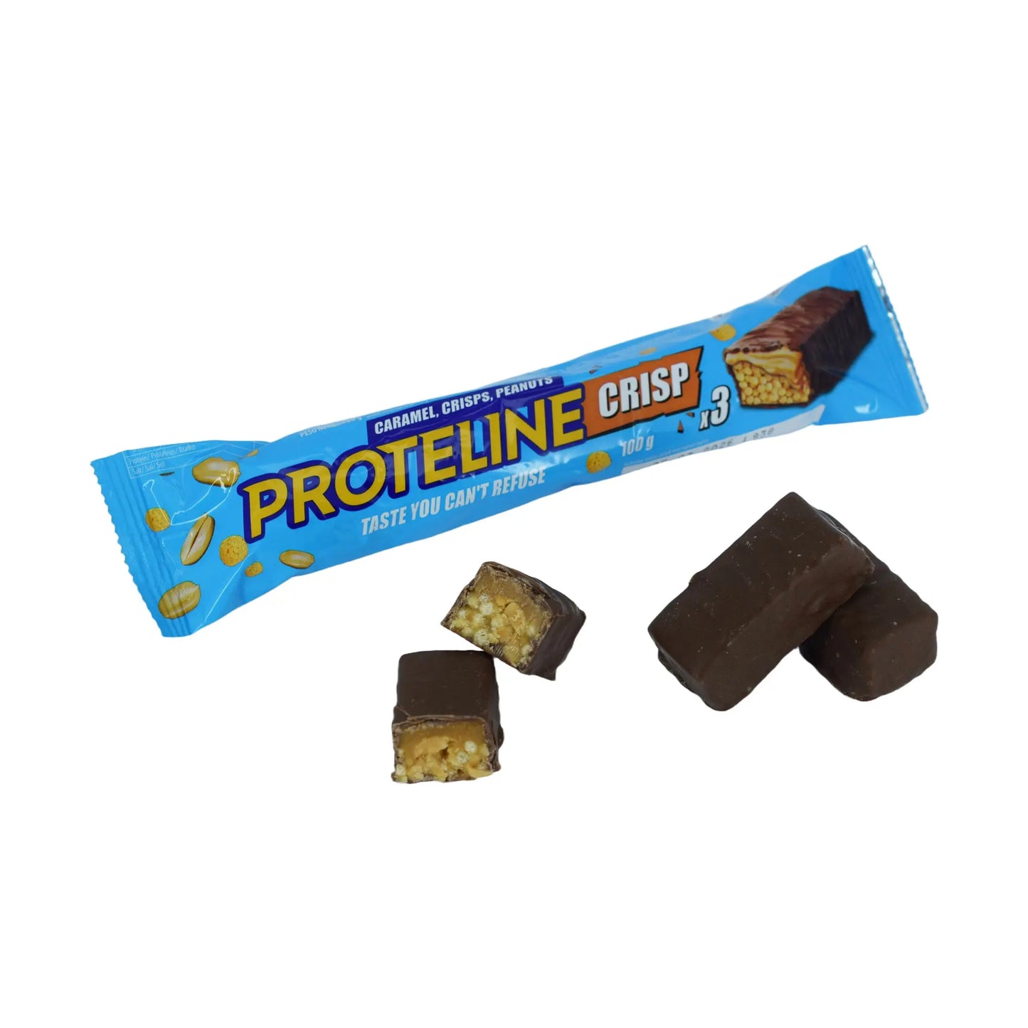 Bar with peanuts, rice balls and caramel glazed with chocolate glaze (100g) Protein bar