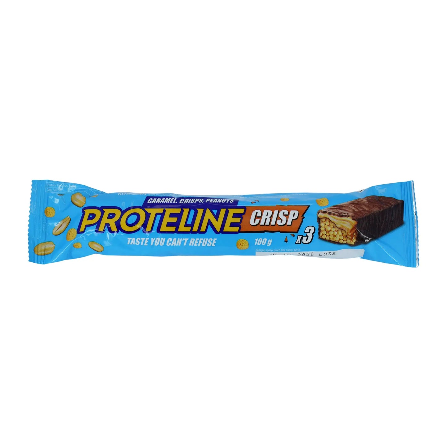 Bar with peanuts, rice balls and caramel glazed with chocolate glaze (100g) Protein bar